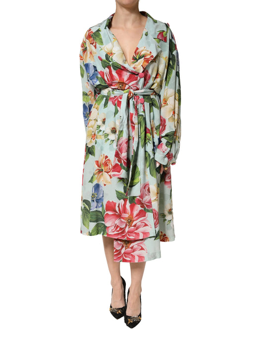 Dolce & Gabbana Green Floral Silk Wrap Midi Long Sleeve Dress