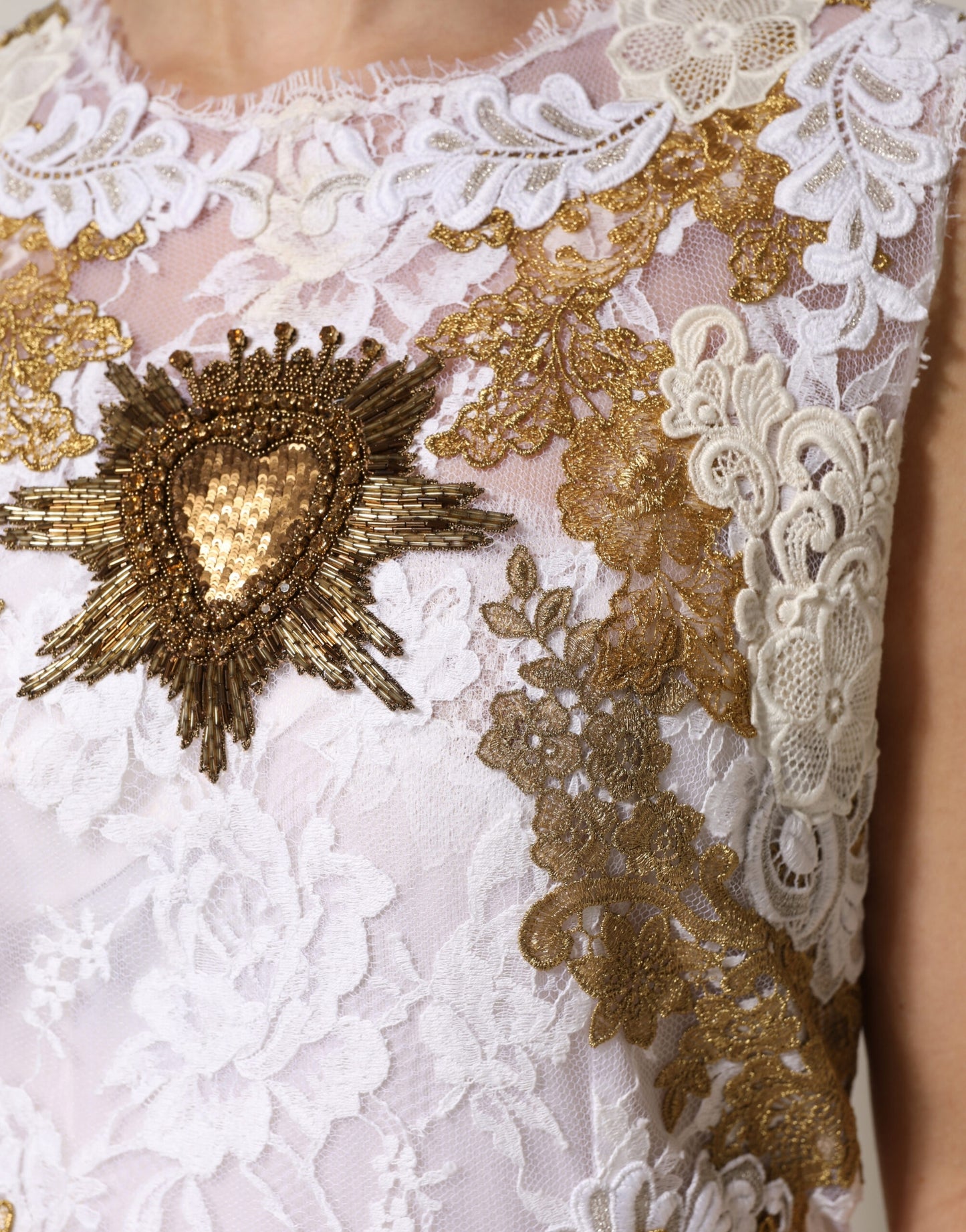 Dolce & Gabbana Ivory Lace Silk Embellished Sleeveless  Dress