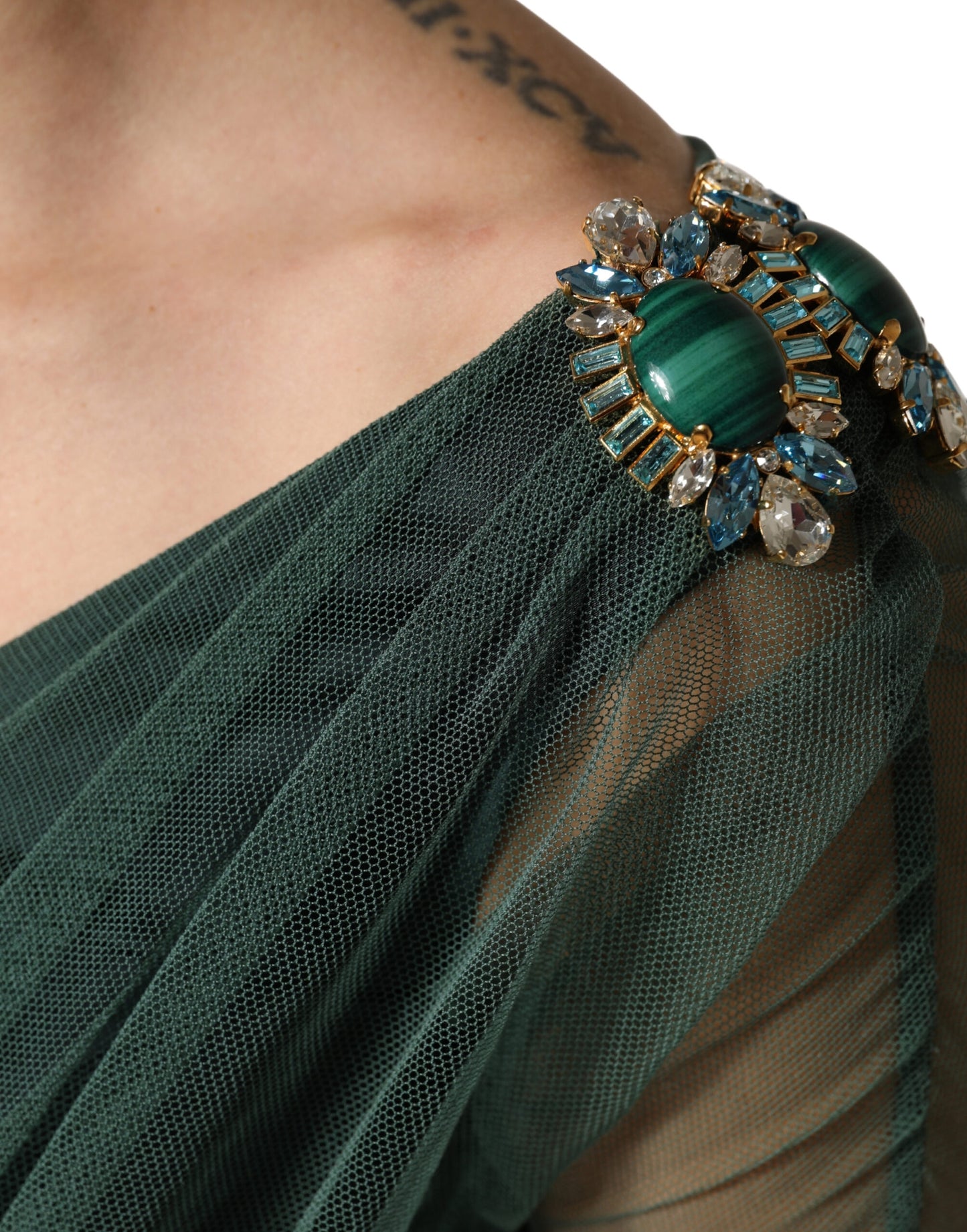 Dolce & Gabbana Green Ruched Mesh Sheer Sleeves Midi Dress