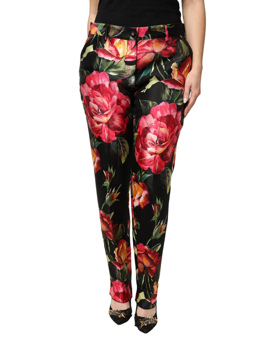 Dolce & Gabbana Black Floral Silk Mid Waist Tailored Trousers Pants