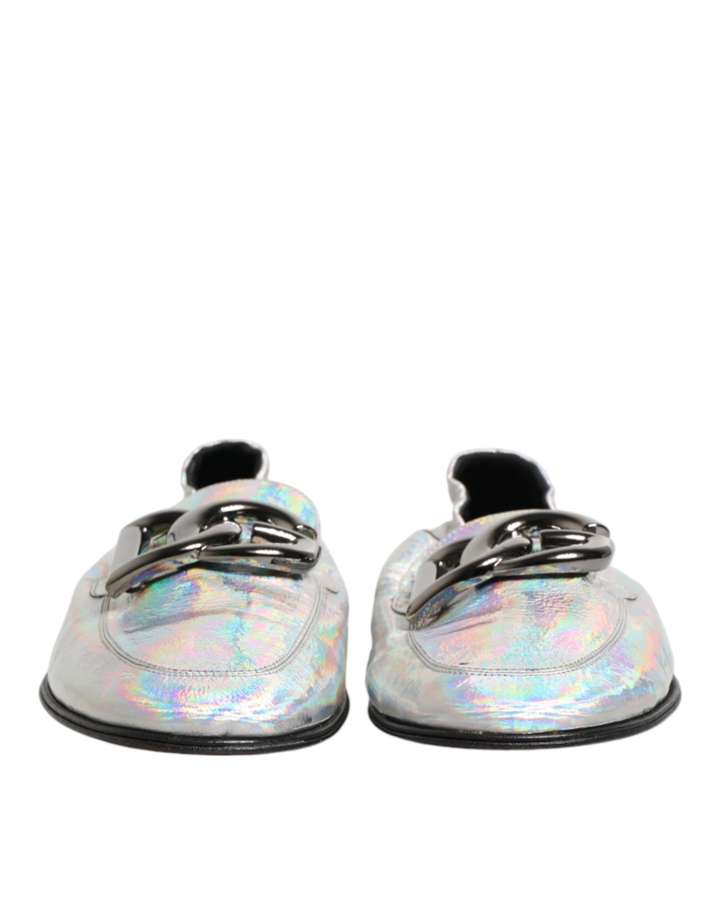 Dolce & Gabbana Silver DG Logo Holographic Leather Loafers Shoes