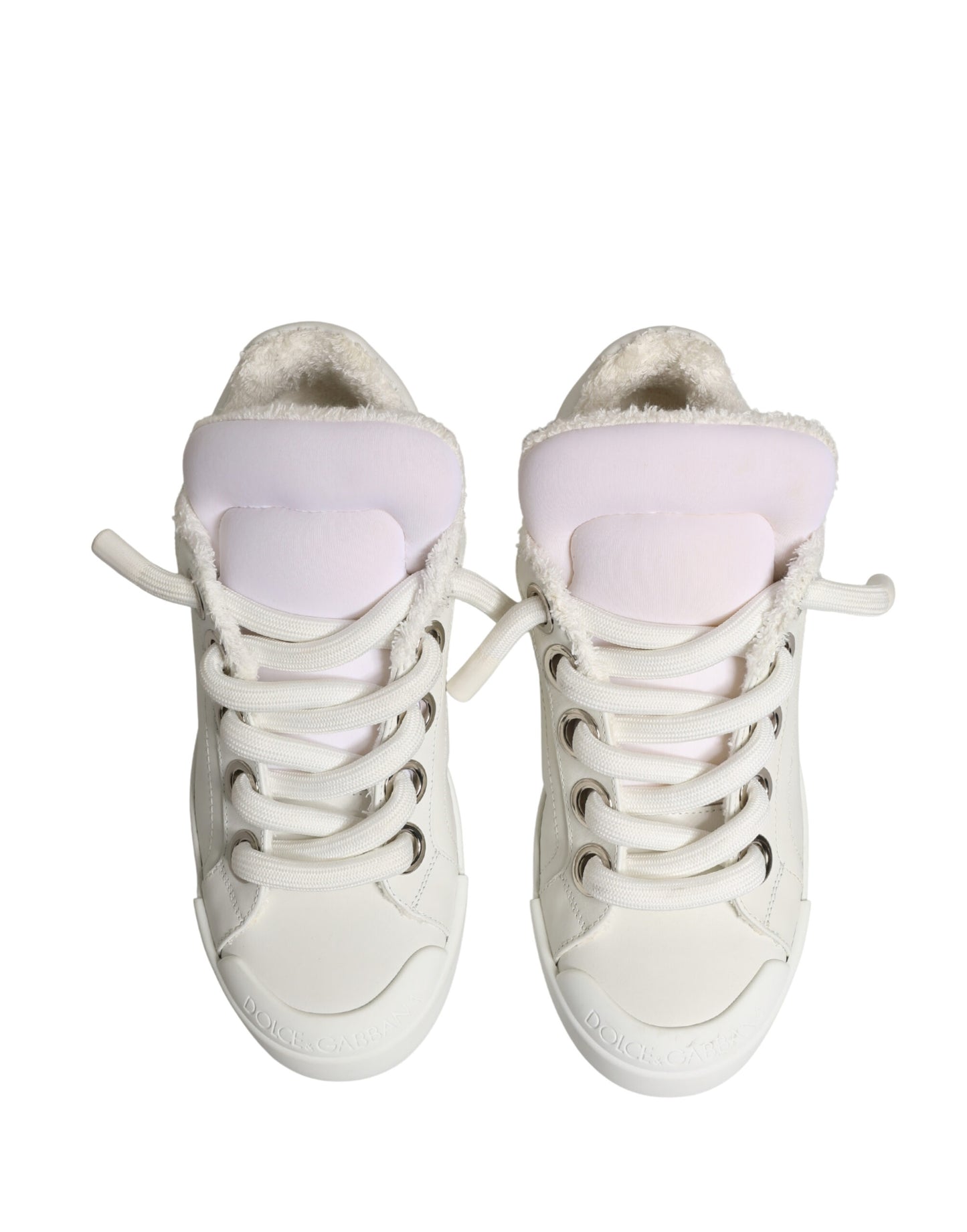 Dolce & Gabbana White Leather Shearling Fur Low Top Sneakers Shoes