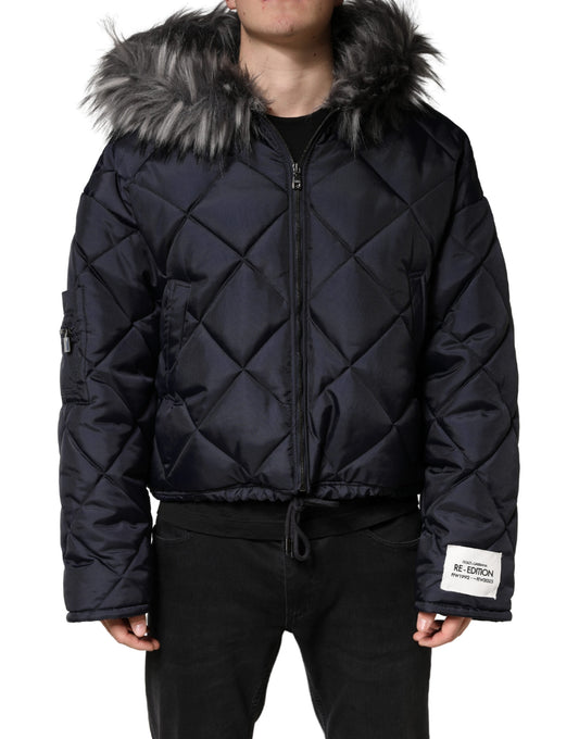 Dolce & Gabbana Black Quilted Fur Shearling Hooded  Jacket
