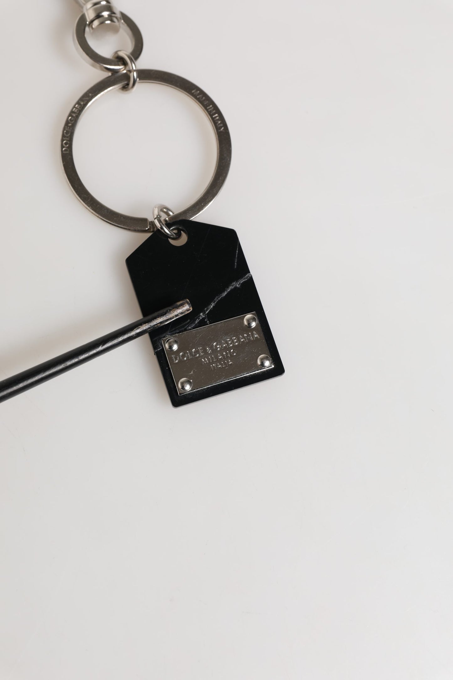 Dolce & Gabbana Black Silver Brass LogoPlaque Metal Ring Keyring  Keychain