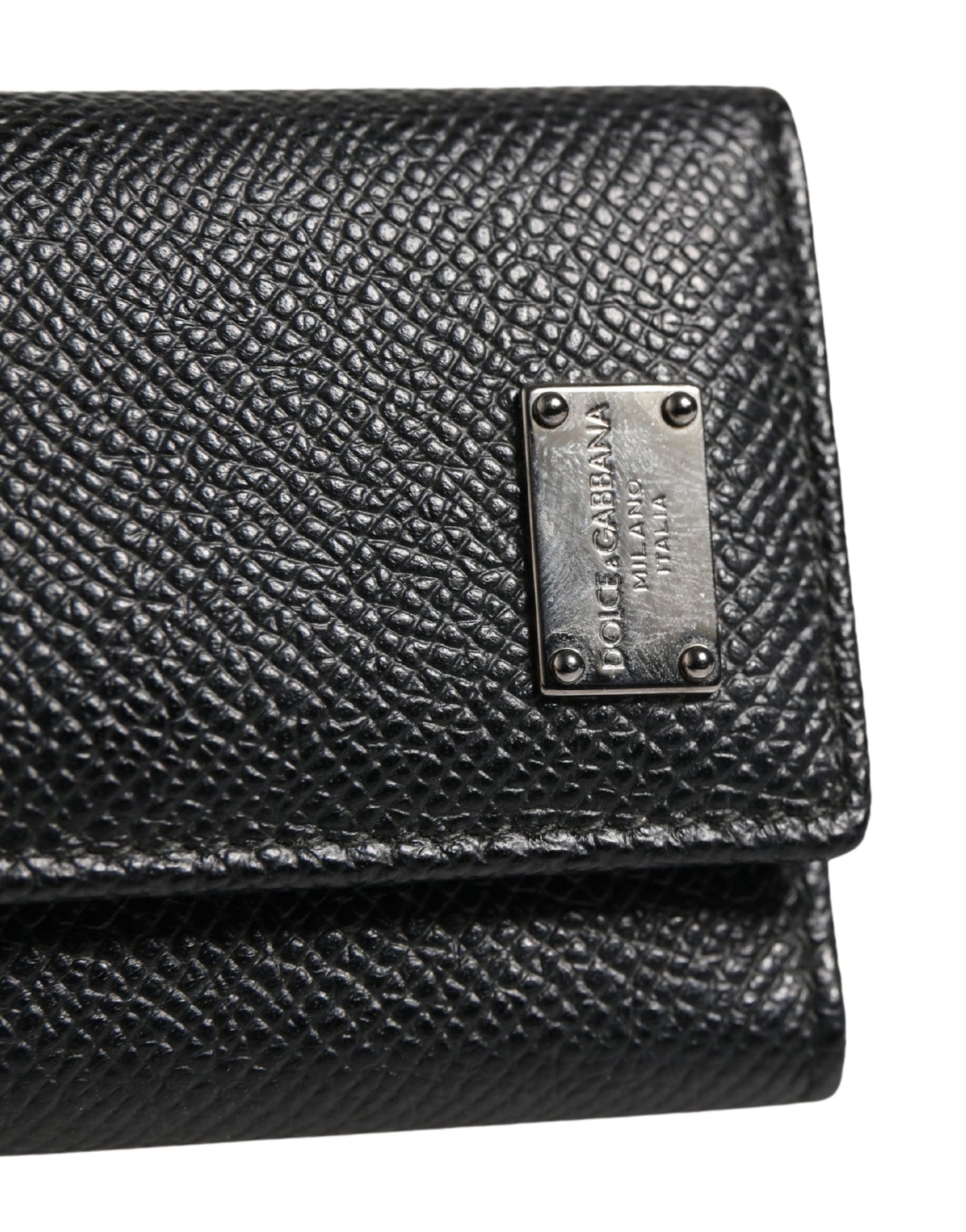 Dolce & Gabbana Black Leather Silver Metal Logo Plaque Trifold Keyring