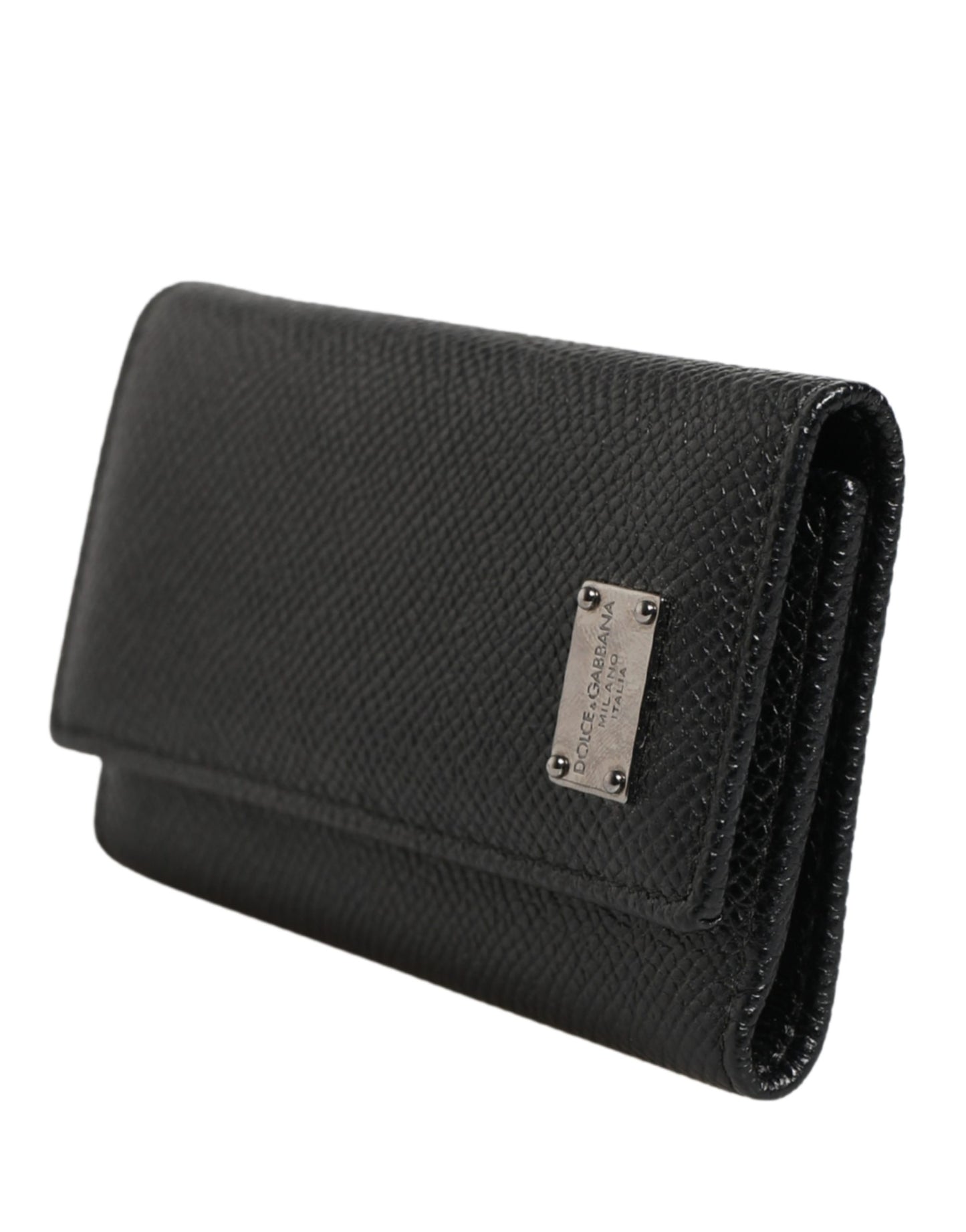 Dolce & Gabbana Black Leather Silver Metal Logo Plaque Trifold Keyring