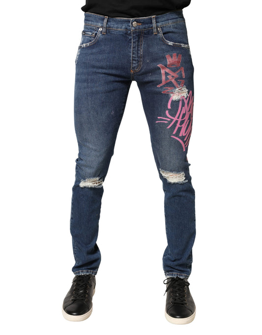 Dolce & Gabbana Blue Distressed Graffiti Print Skinny Jeans
