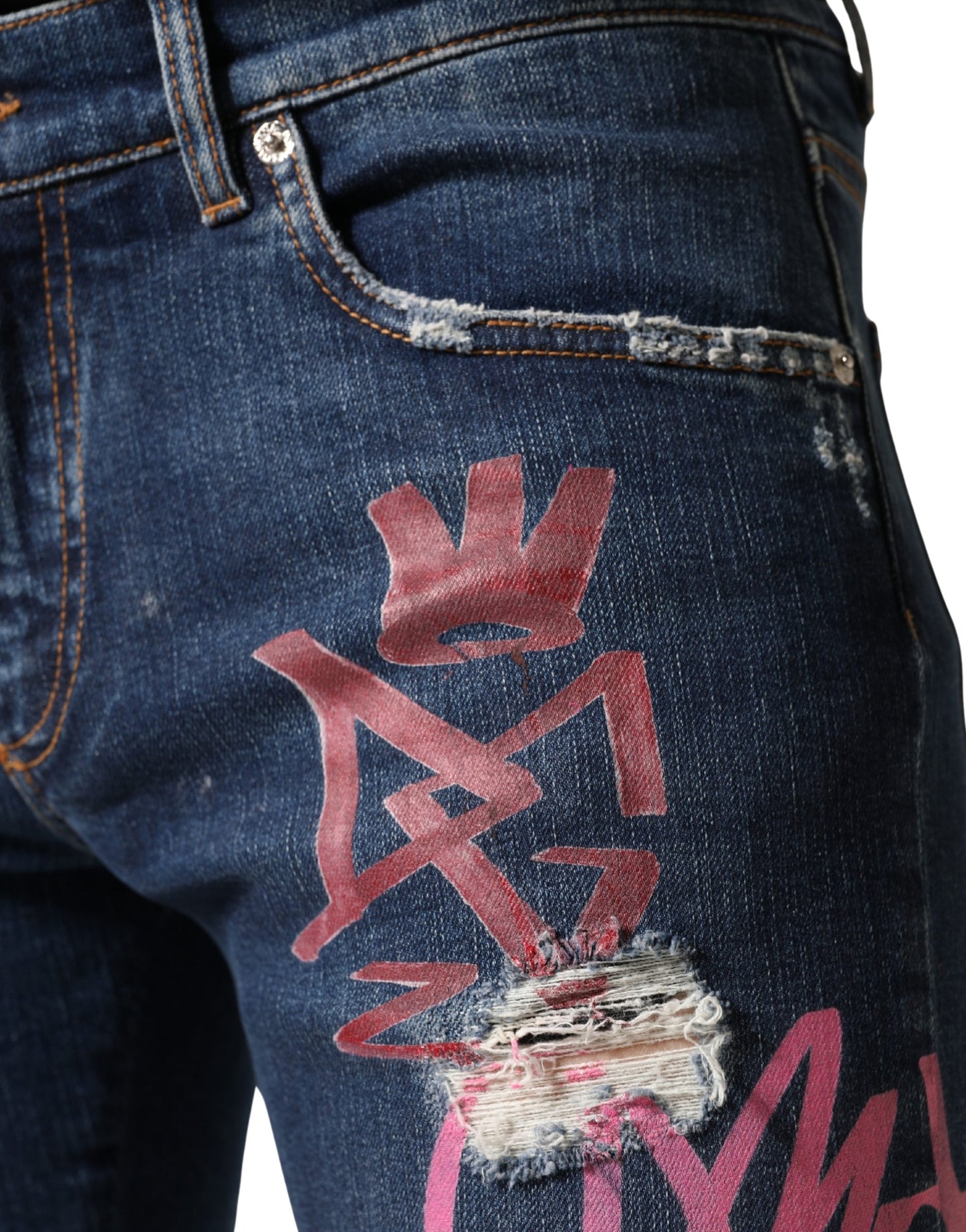 Dolce & Gabbana Blue Distressed Graffiti Print Skinny Jeans