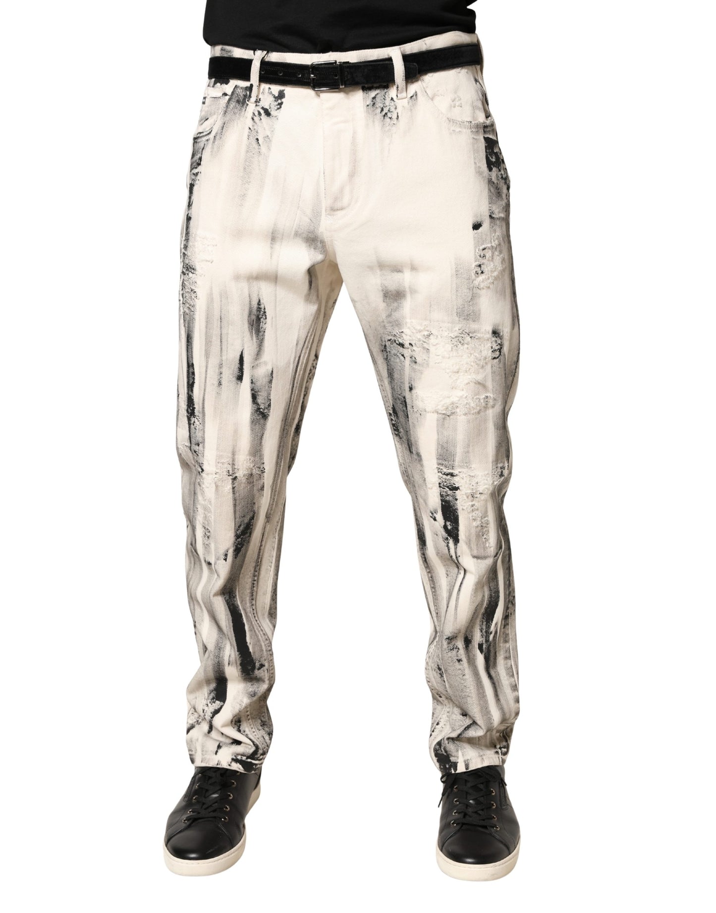 Dolce & Gabbana White Distressed Paint Print LooseDenim Jeans