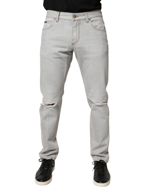 Dolce & Gabbana Light Gray Ripped Cotton Regular Denim Jeans