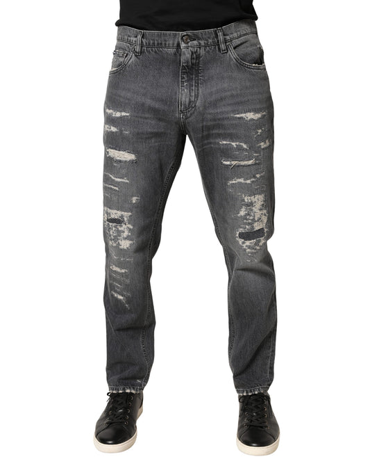 Dolce & Gabbana Dark Gray Tattered Cotton Loose Denim Jeans