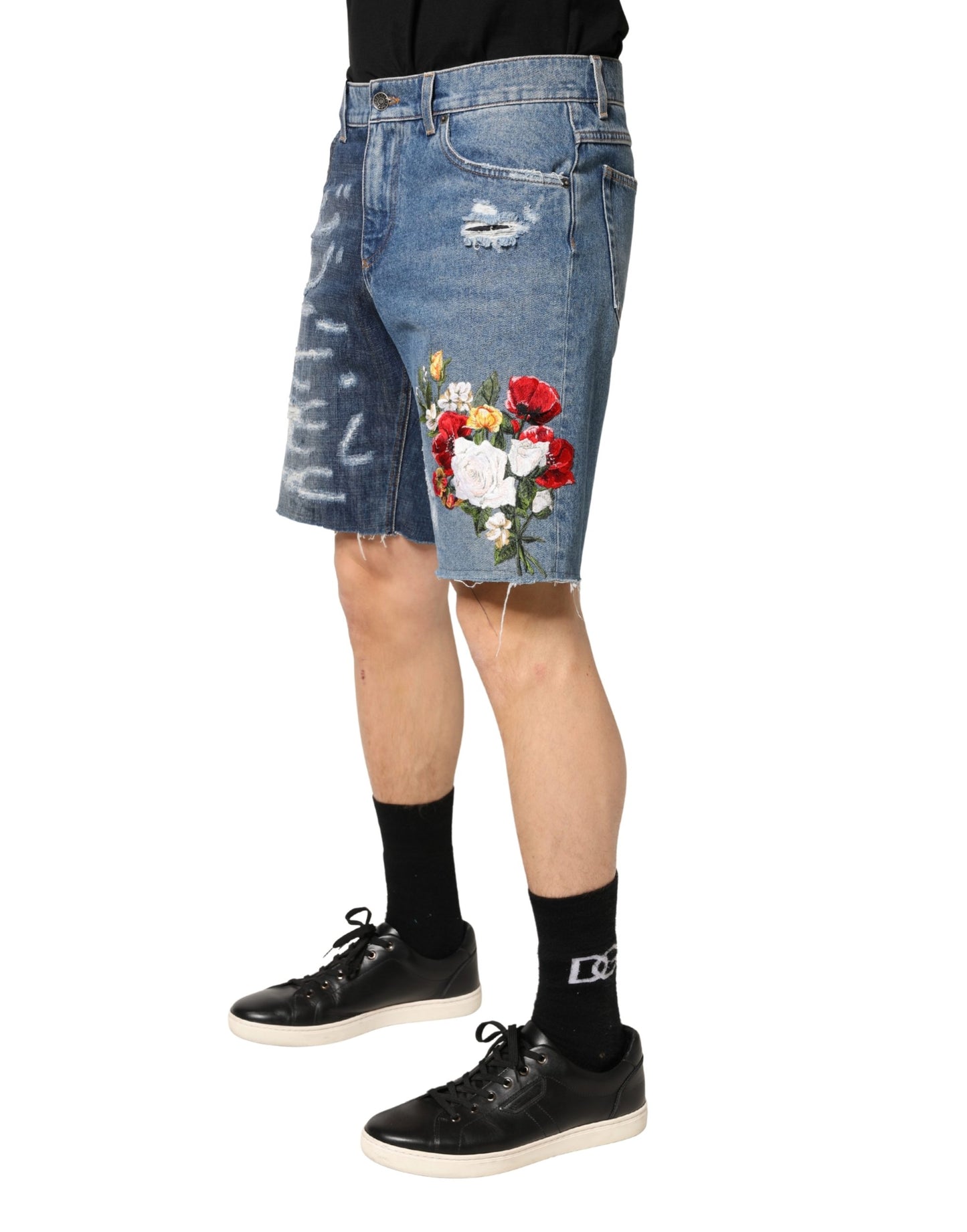 Dolce & Gabbana Blue Floral Embroidery Tattered Denim Shorts