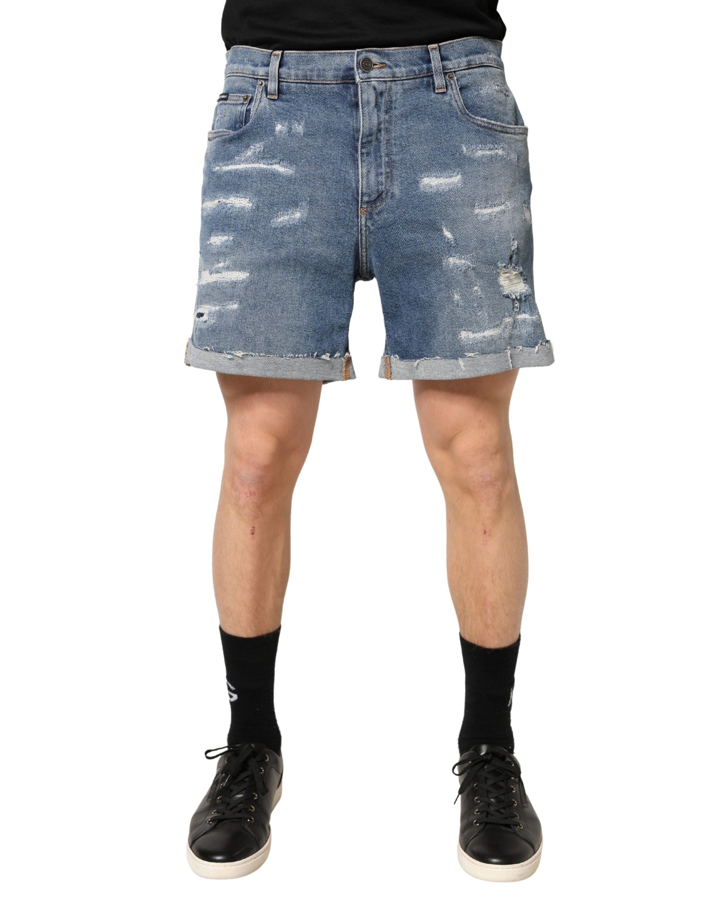 Dolce & Gabbana Blue Cotton Distressed Denim Bermuda Shorts