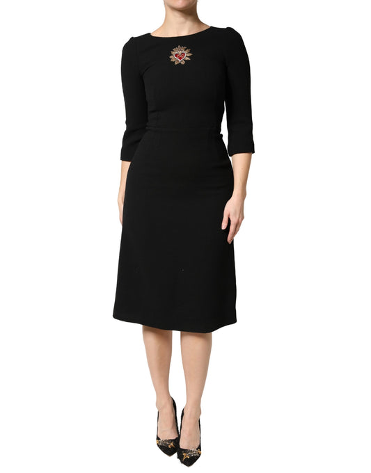 Dolce & Gabbana Black Wool Sacred Heart Patch Midi Dress