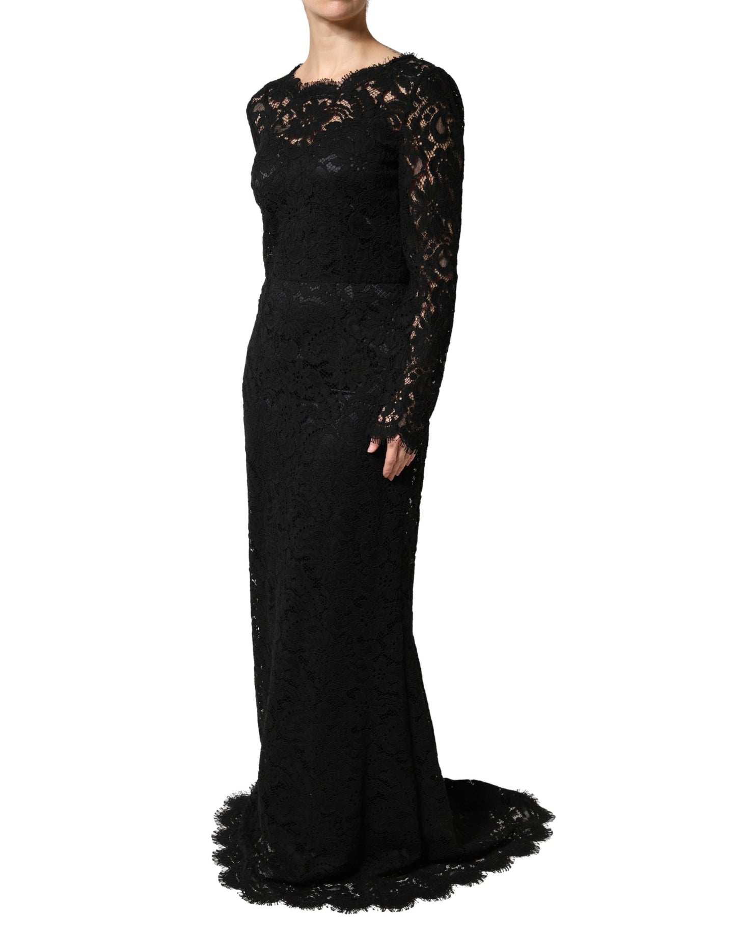 Dolce & Gabbana Black Lace Long Sleeves Cotton Maxi Dress