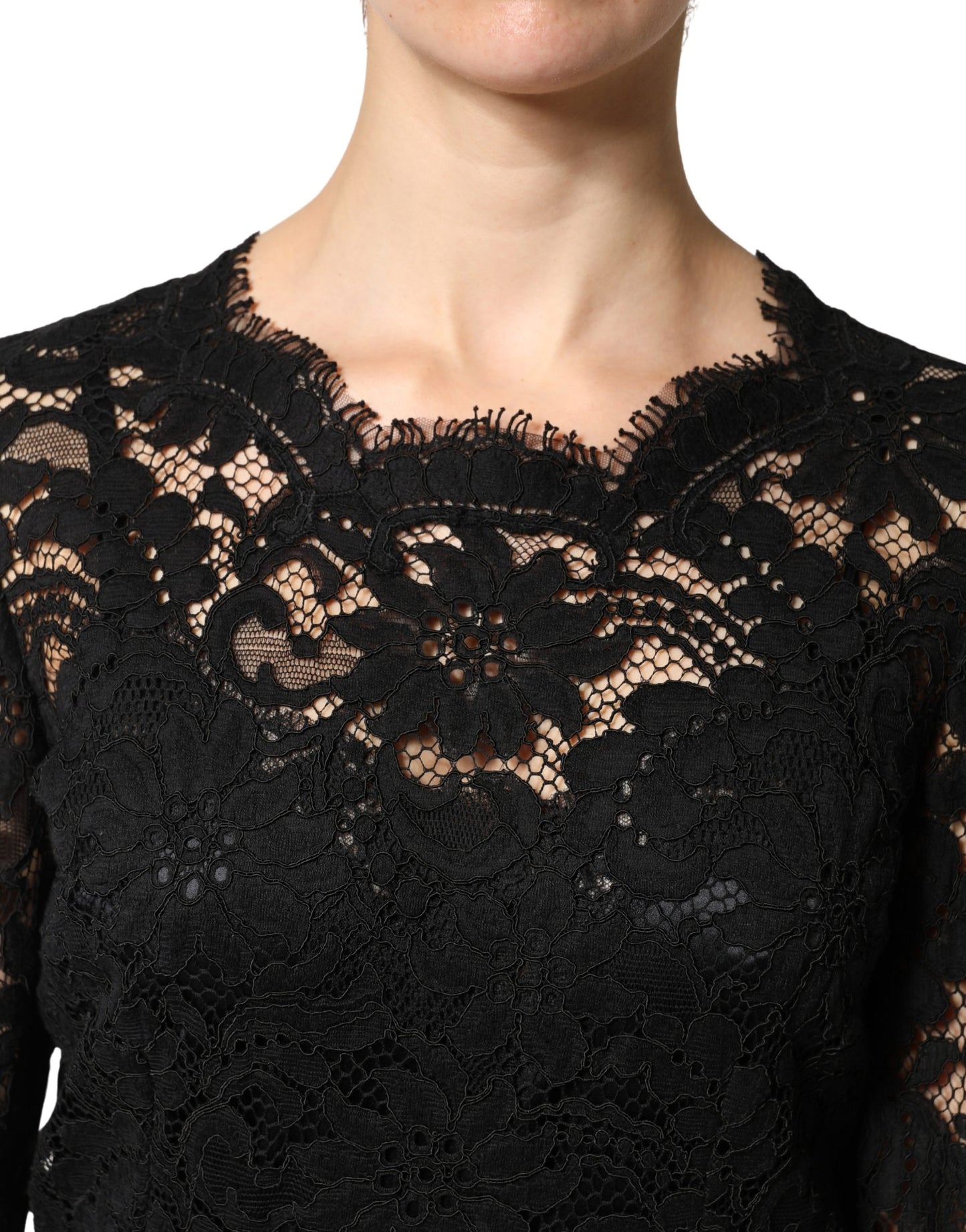 Dolce & Gabbana Black Lace Long Sleeves Cotton Maxi Dress
