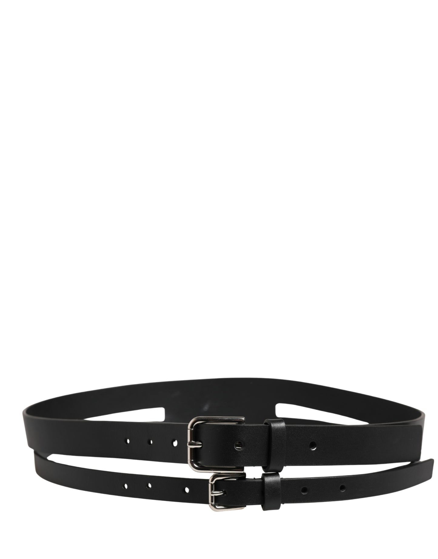 Dolce & Gabbana Black Double Strap Leather Silver Buckle Belt