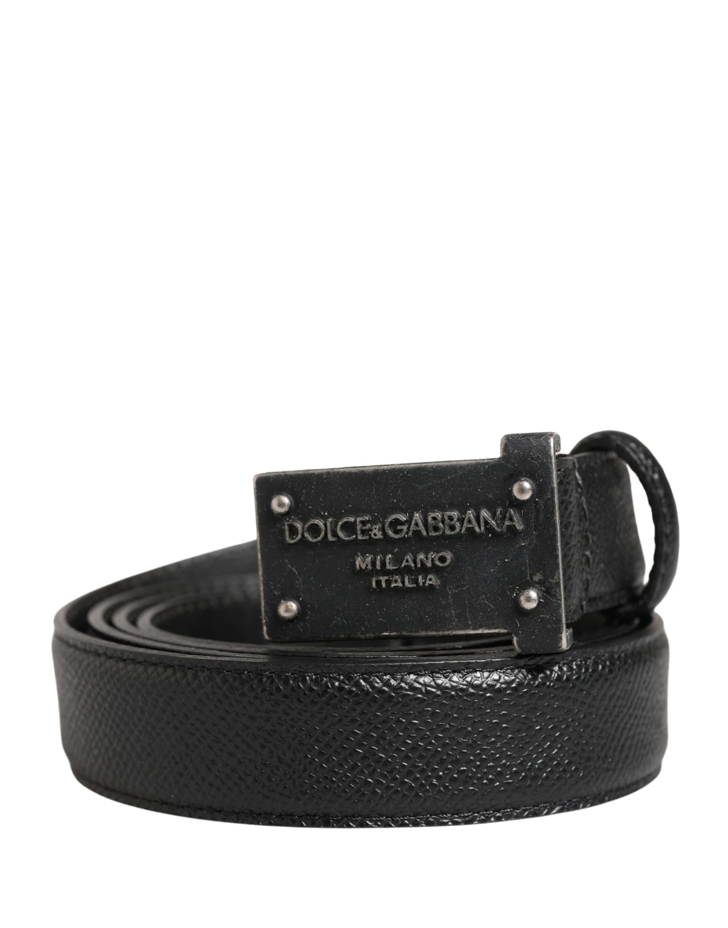 Dolce & Gabbana Men Black Calf Leather Logo Metal Buckle Belt