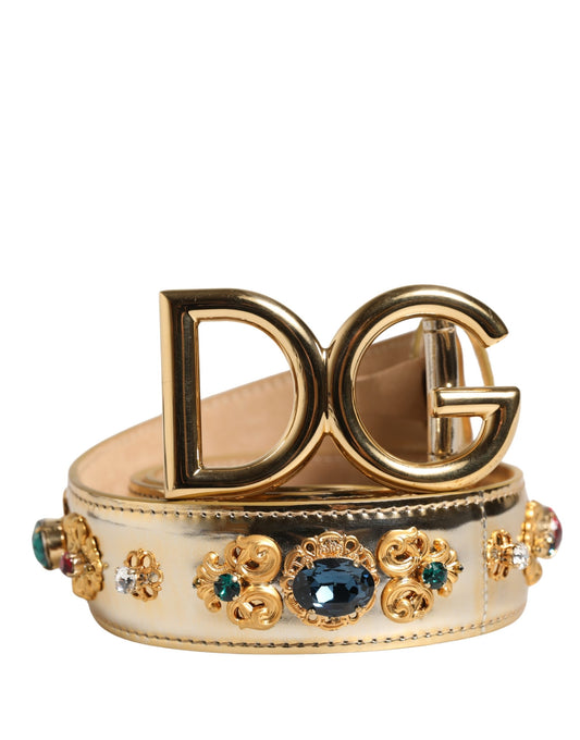 Dolce & Gabbana Gold Leather Crystals Logo Metal Buckle Belt