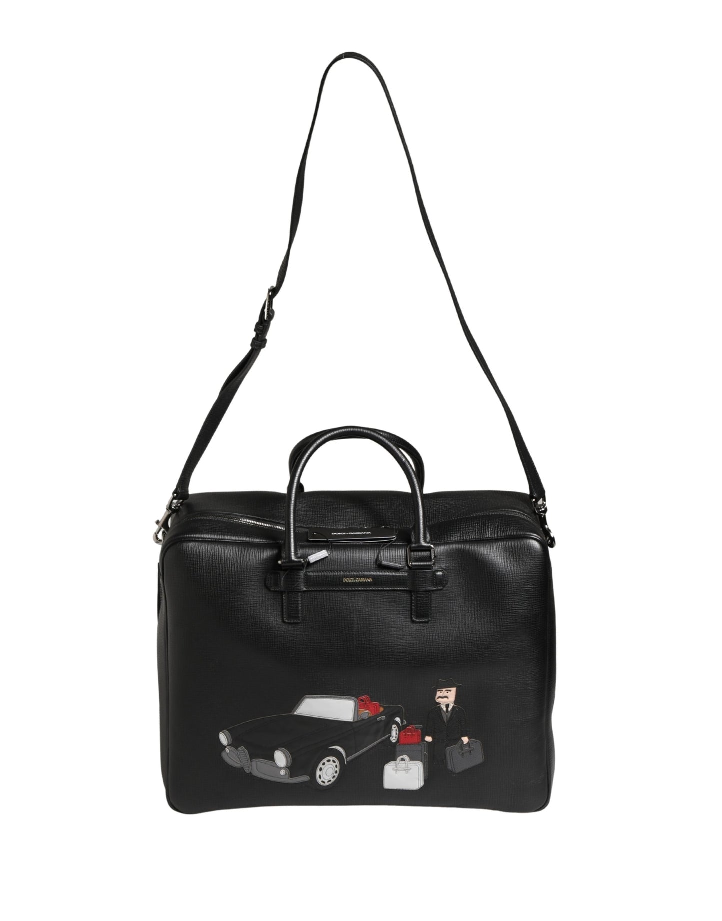 Dolce & Gabbana Black Car Man Applique Leather Weekender Borse Bag