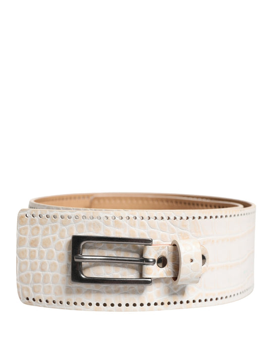 Scervino Street White Textured Leather Wide SilverMetal Buckle Belt