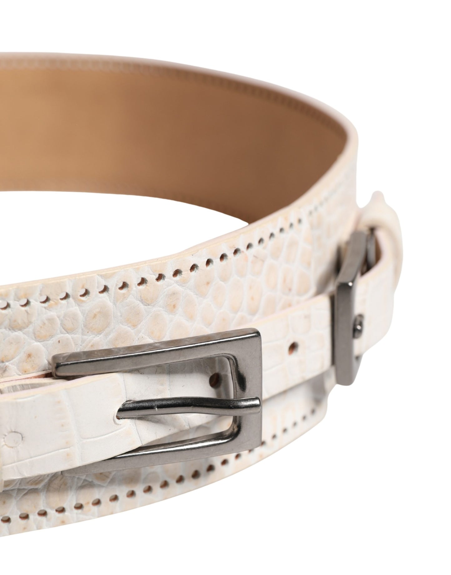 Scervino Street White Textured Leather Wide SilverMetal Buckle Belt