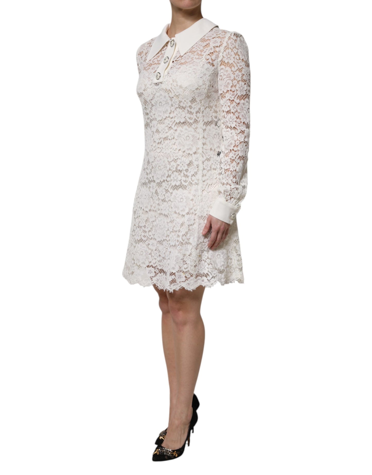 Dolce & Gabbana White Floral Lace Viscose Collared Mini Dress