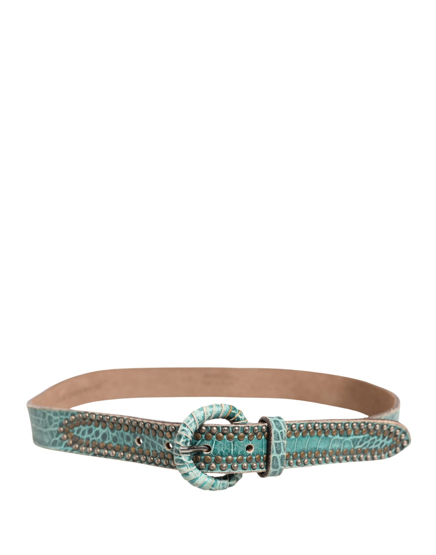 Scervino Street Women Green Leather Croco Print Studded Belt