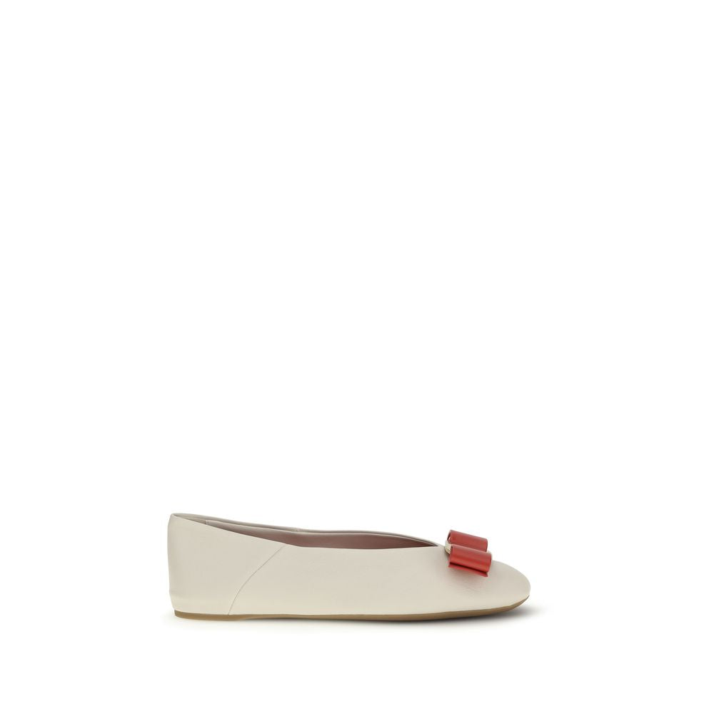 Ferragamo White Calf Leather Bos Taurus Ballet Flats