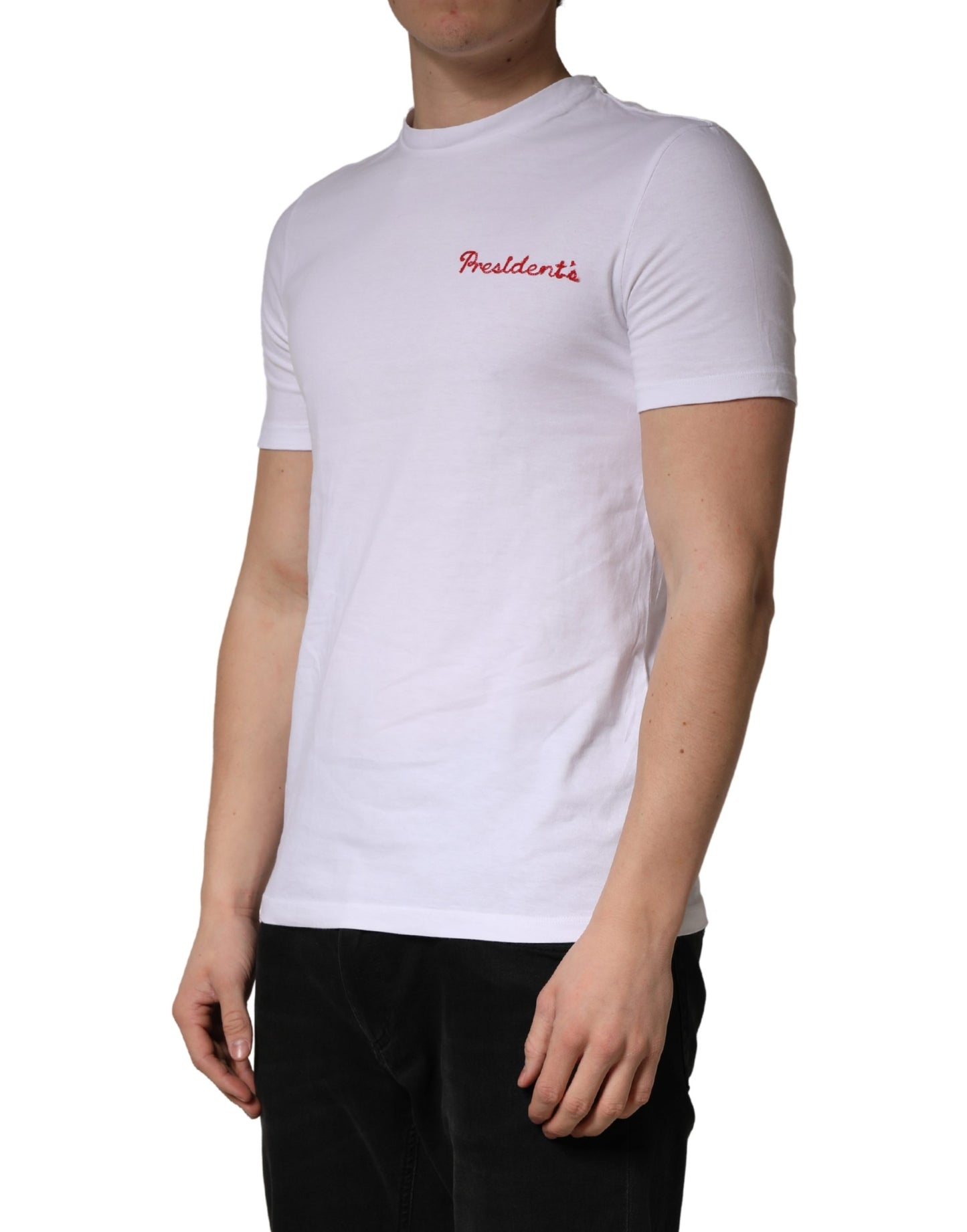 President's White Logo Embroidery Cotton Men Crew Neck T-shirt