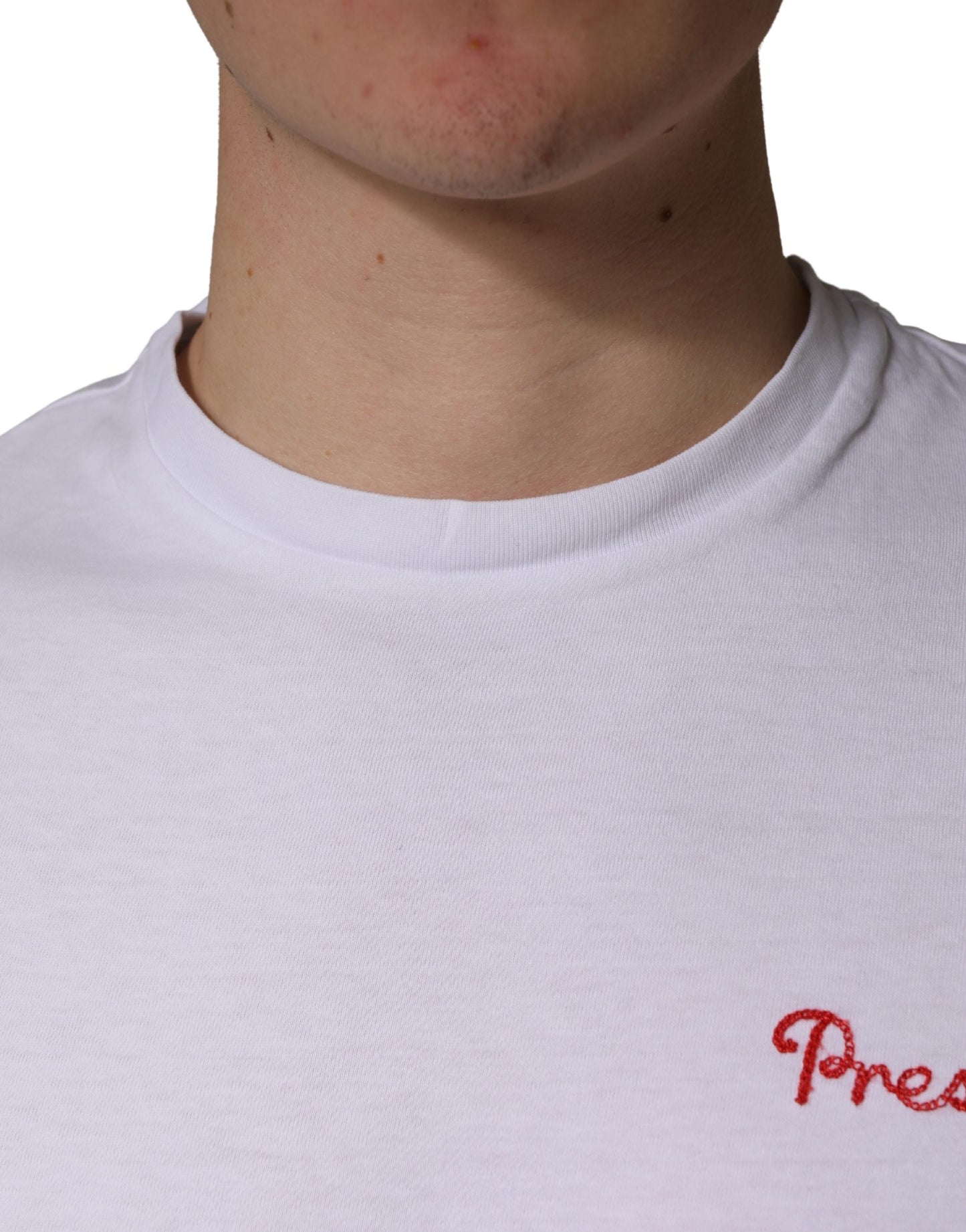 President's White Logo Embroidery Cotton Men Crew Neck T-shirt