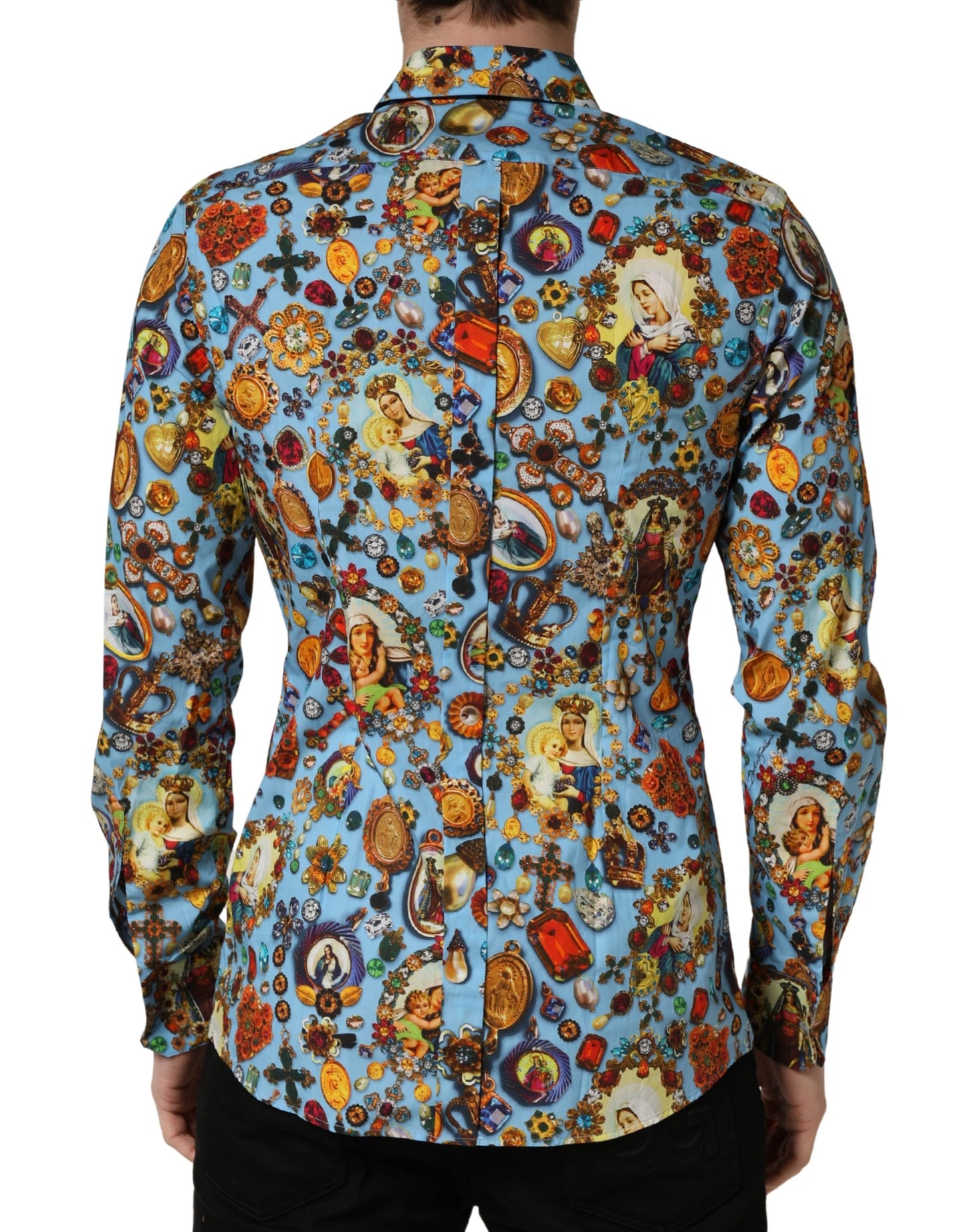Dolce & Gabbana Blue Cotton Jewel Print Button Down GOLD Shirt