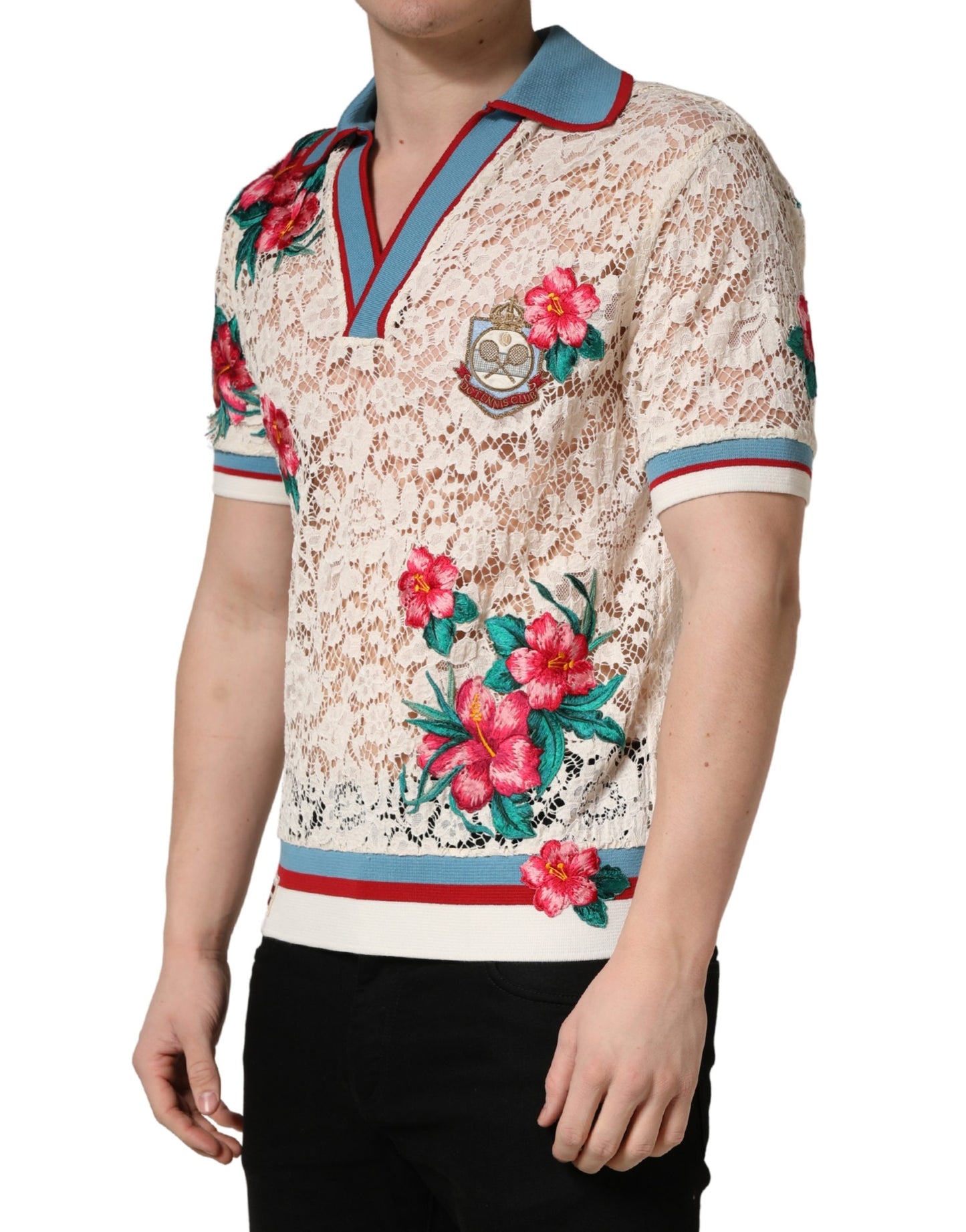 Dolce & Gabbana Beige Floral Tennis Club Lace Polo T-shirt