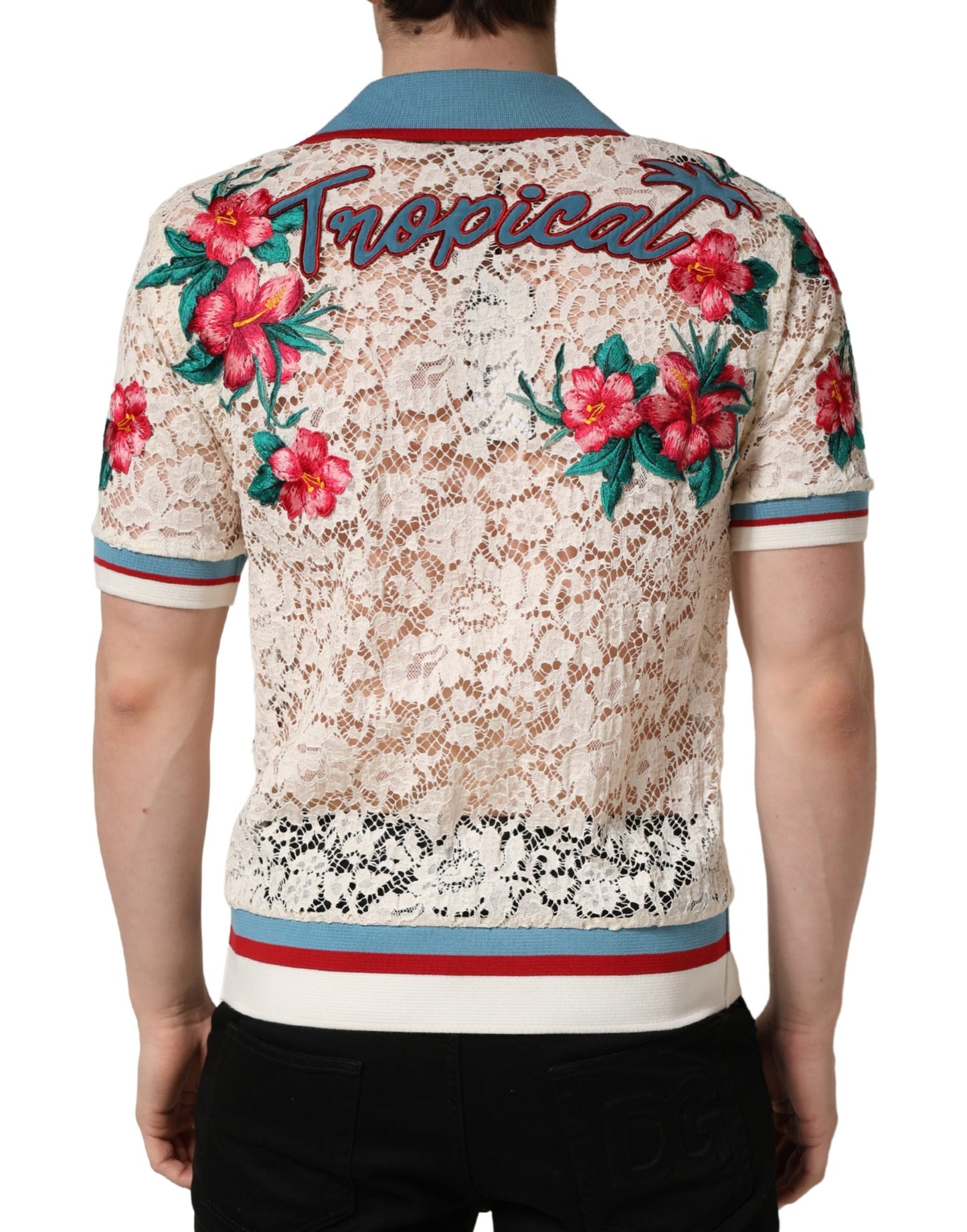 Dolce & Gabbana Beige Floral Tennis Club Lace Polo T-shirt