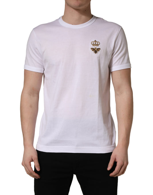 Dolce & Gabbana White Bee Crown Embroidery Cotton Men T-shirt