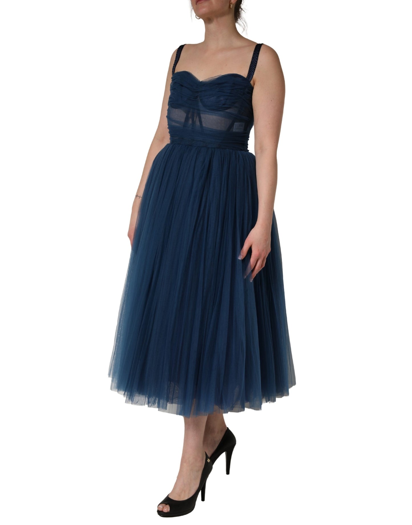 Dolce & Gabbana Blue Tulle Midi A-line Sleeveless Dress
