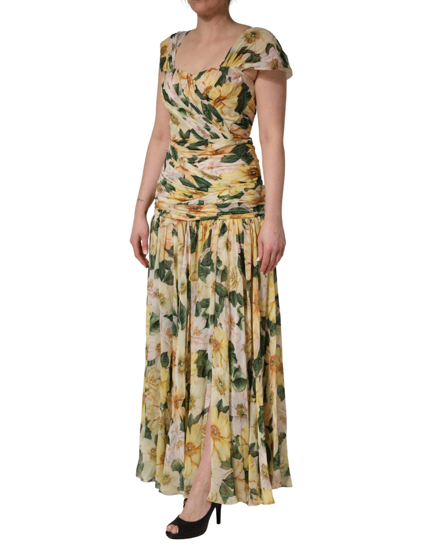 Dolce & Gabbana Yellow Silk Floral Print Pleated Maxi Dress