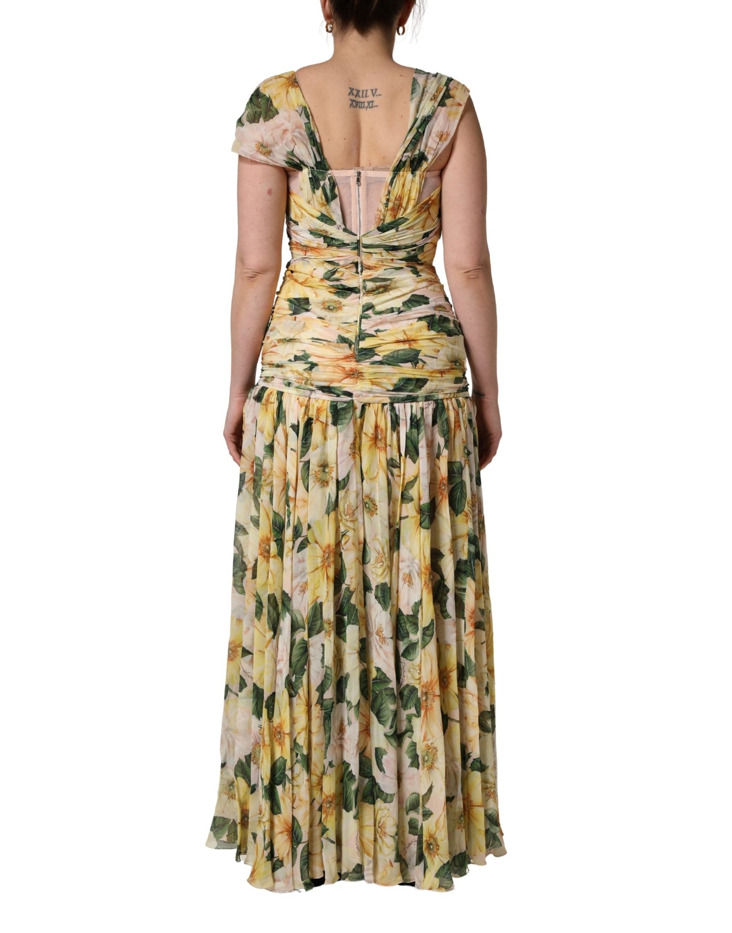 Dolce & Gabbana Yellow Silk Floral Print Pleated Maxi Dress