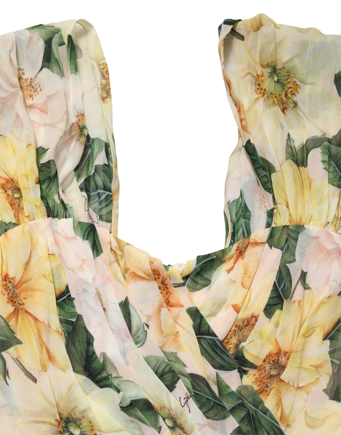 Dolce & Gabbana Yellow Silk Floral Print Pleated Maxi Dress