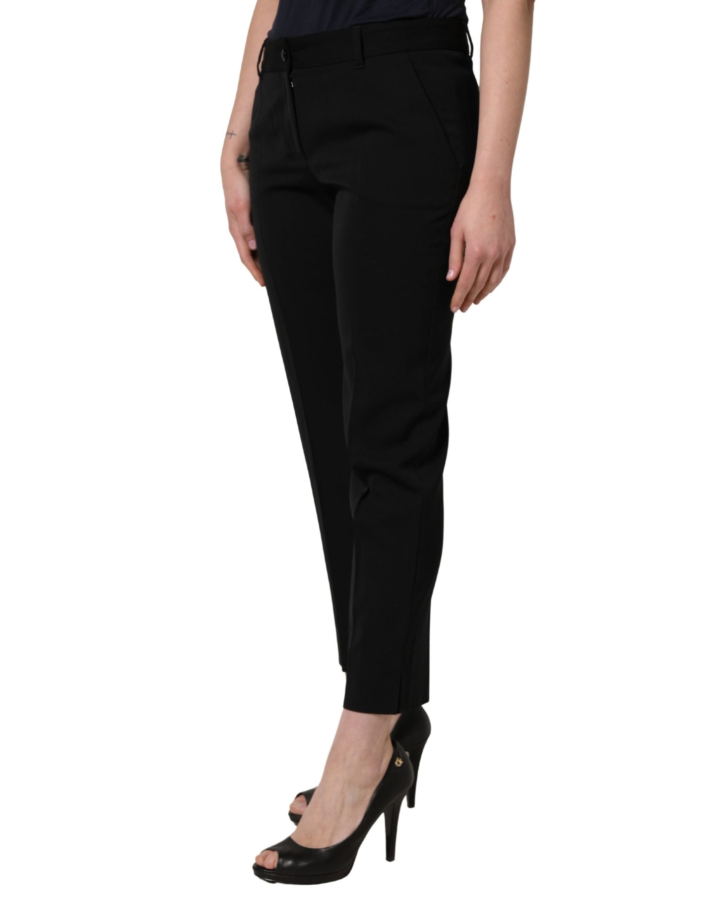 Dolce & Gabbana Black Wool High Waist Cropped Tapered Pants