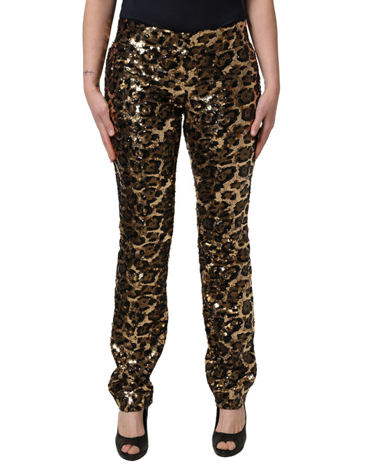Dolce & Gabbana Gold Leopard Sequined Straight Trouser Pants