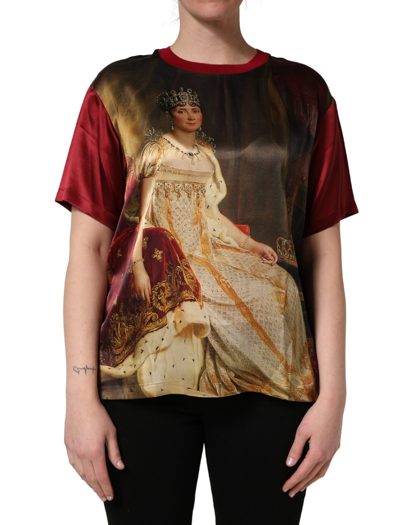 Dolce & Gabbana Maroon Royal Crown Dress Queen Painting Silk  T-shirt