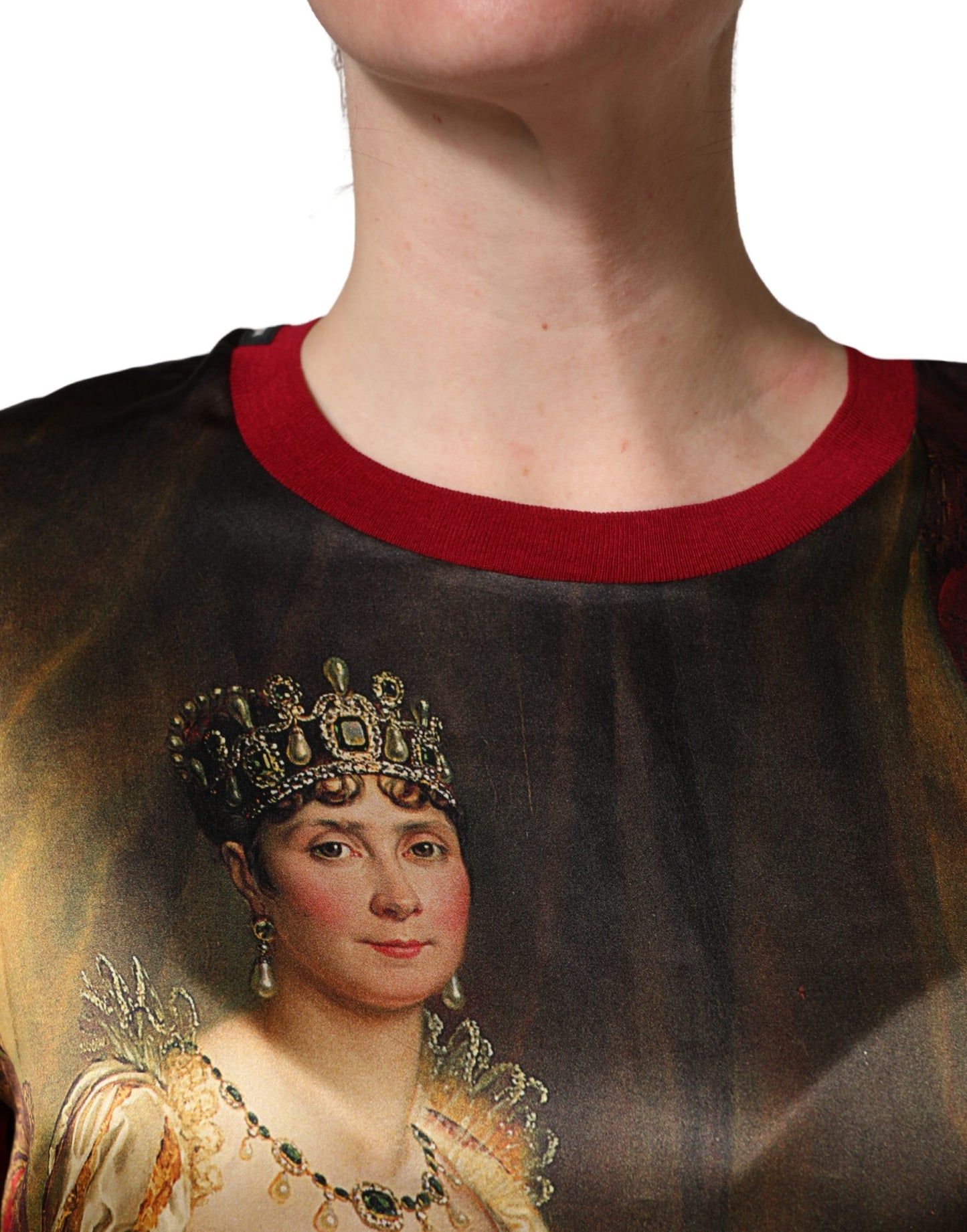 Dolce & Gabbana Maroon Royal Crown Dress Queen Painting Silk  T-shirt