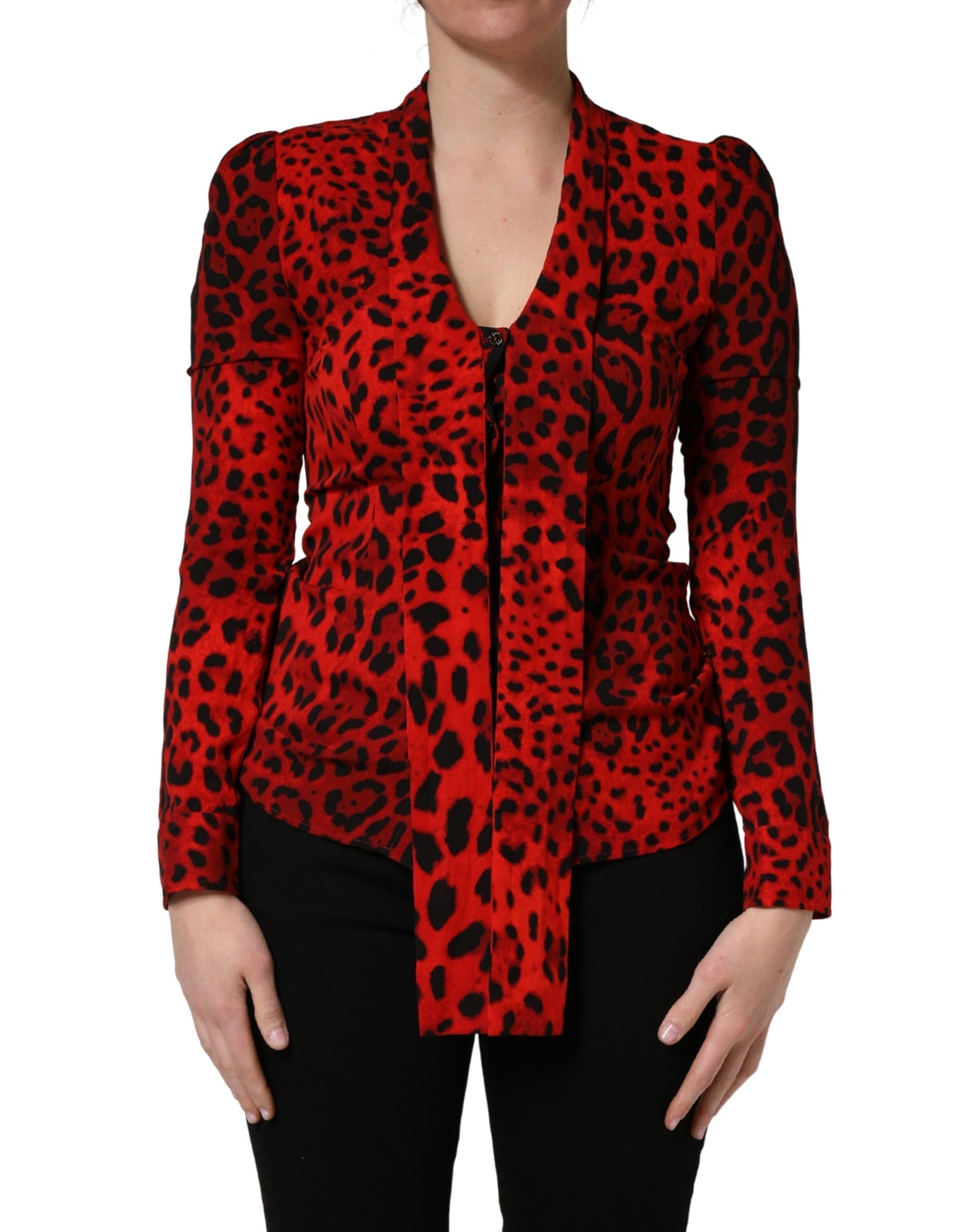 Dolce & Gabbana Red Leopard Print Long Sleeves Blouse Top