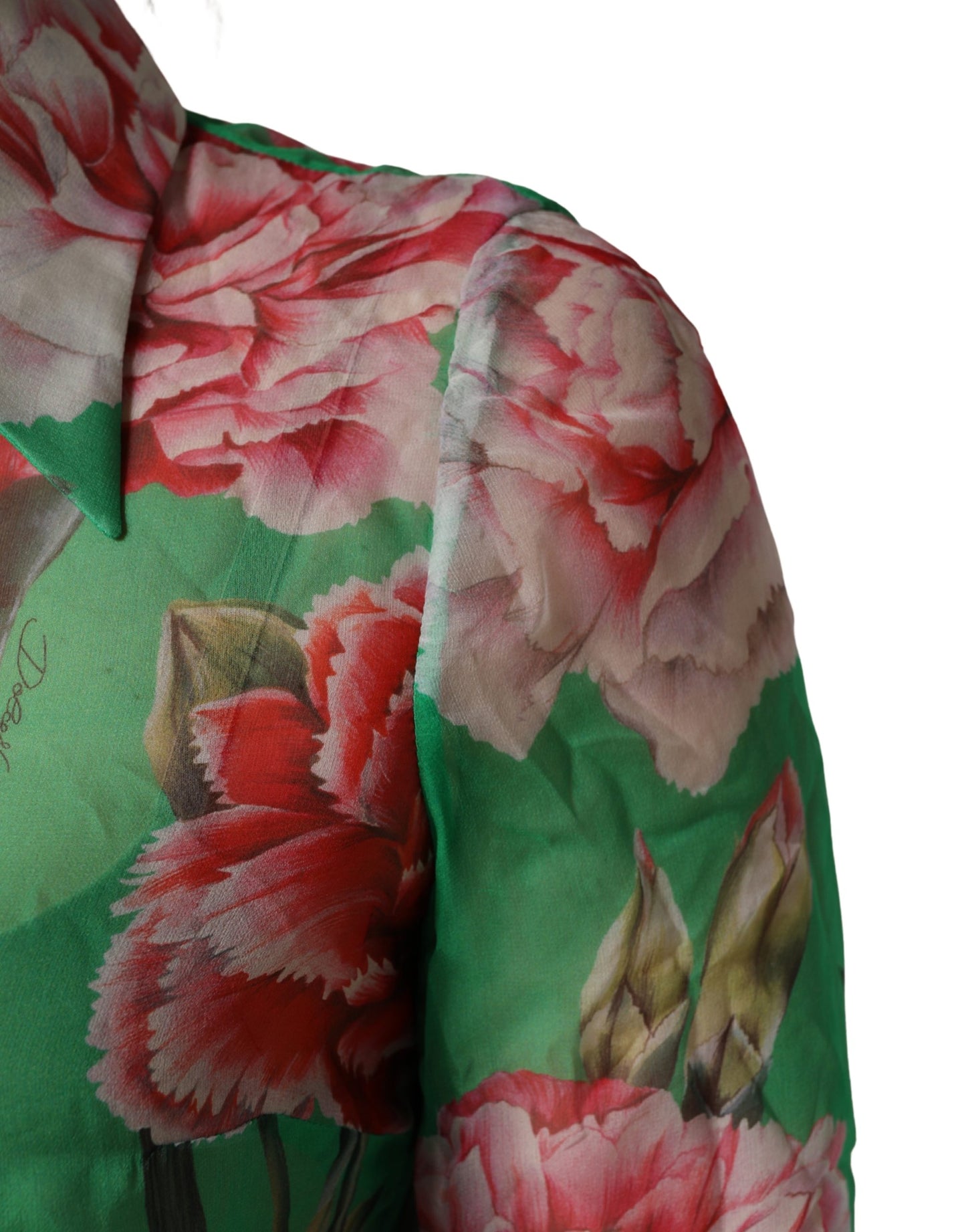 Dolce & Gabbana Green CarnationPrint Silk Collared Blouse Top