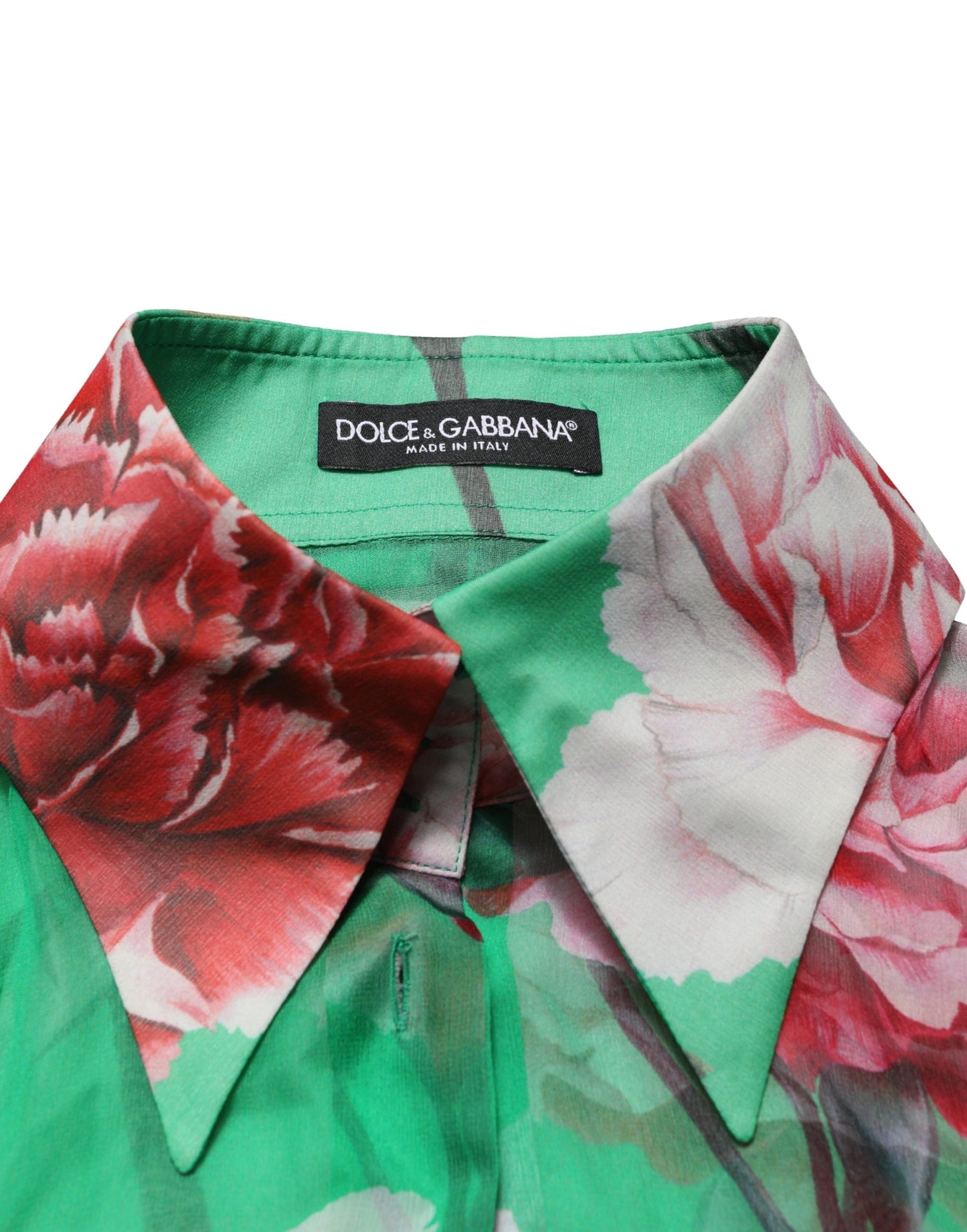 Dolce & Gabbana Green CarnationPrint Silk Collared Blouse Top