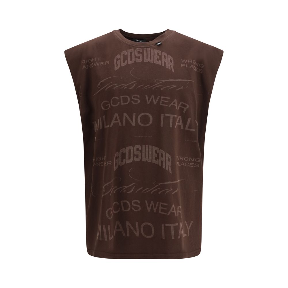 GCDS Brown Cotton Sleeveles T-Shirt