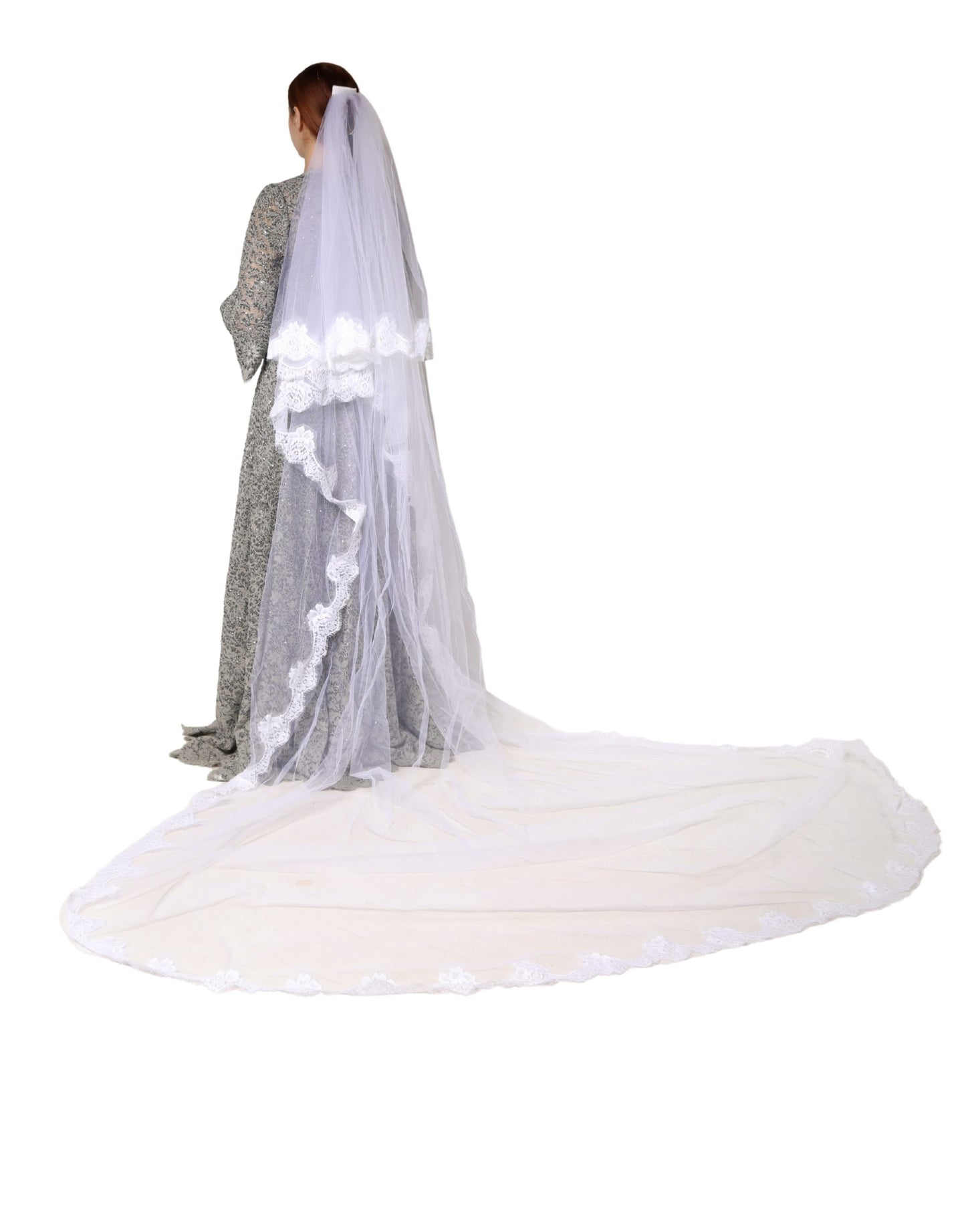 Dolce & Gabbana White Floral Lace Nylon Floor Length Long Wedding Veil