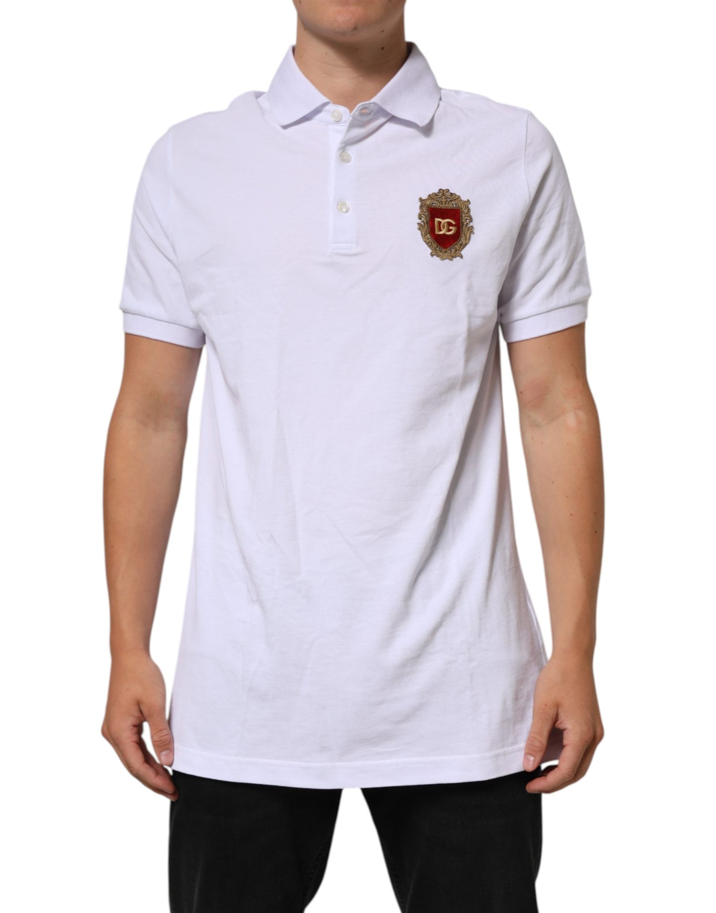 Dolce & Gabbana White Cotton Crest Embroidery Polo  T-shirt