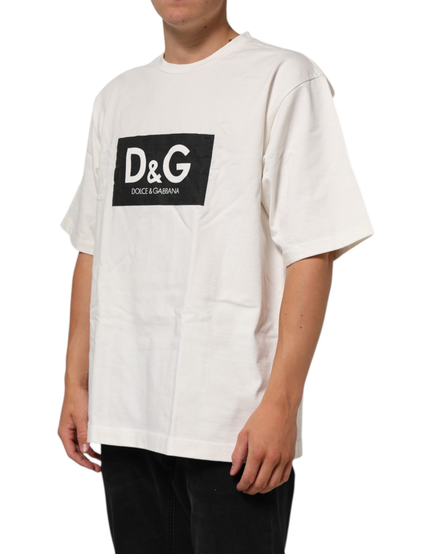 Dolce & Gabbana White Cotton Logo Print Men Crewneck T-shirt
